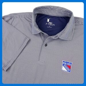 F&G Tech New York Rangers Polo Shirt Men XL Blue White Striped Performance NHL